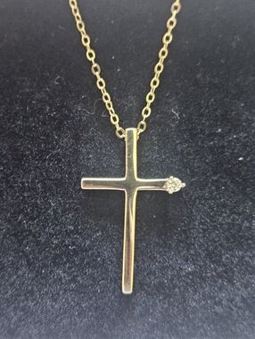 925 Sterling Silver Gold Plated Cross Pendant Necklace with CZ Accent Stone